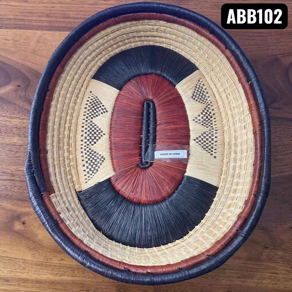 Handmade Kenyan Woven Sisal Basket 11x13 Oval Geometric Boho Bread Bowl Wall Art